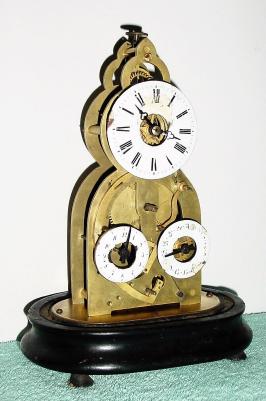 C.1851, French, Skeleton Timepiece with Calendar  and alarm, 8-day with silk thread suspension, going barrel movement, no dome, as-found. — Antique Clocks Price Guide