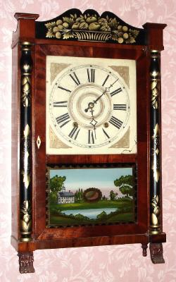 C.1830, Riley Whiting, Winchester, Conn., 30-hour time/strike wood movement stenciled column and splat shelf clock, short. — Antique Clocks Price Guide