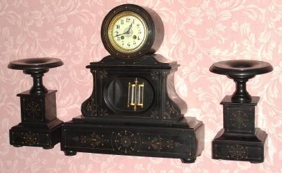 C.1890, French, 8-day time/strike 3-piece black marble garniture set. — Antique Clocks Price Guide