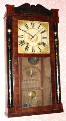 C.1835, C. and N. Jerome, Bristol, Conn., 30-hour time/strike 2-wt, wood movement half column and splat shelf clock. — Antique Clocks Price Guide