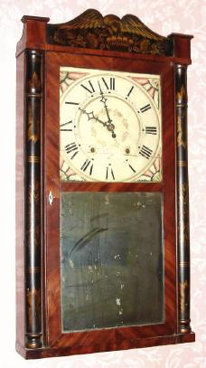 C.1832, M. and E. Blakeslee, Plymouth, Conn., 30-hour time/strike half column and splat shelf clock. — Antique Clocks Price Guide