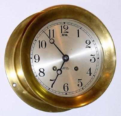 C.1940, Chelsea Clock Co., Ship's Bell,  6" dial with hinged bezel and button latch, serial No. 308330. — Antique Clocks Price Guide
