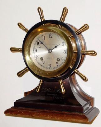 C.1957, [dated presentation], Chelsea Mariner, 3.75" dial, Ship's Bell, for Bailey, Banks and Biddle, tu-tone yellow brass and bronze finish case. — Antique Clocks Price Guide