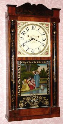 C.1830, Silas Hoadley, Plymouth, Conn., 30-hour time/strike wood movement, Franklin label half column and splat shelf clock. — Antique Clocks Price Guide