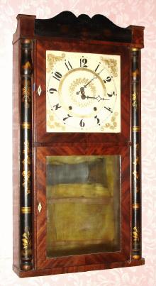 C.1832, Henry Terry, Plymouth, Conn., 8-day time and strike wood movement half column and splat, double door, shelf clock. — Antique Clocks Price Guide