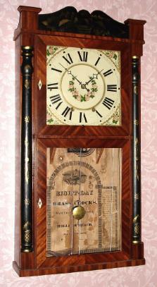 C.1834, William Beach, Hartford, Conn., 8-day time and strike wooden movement, stenciled half column and splat shelf clock. — Antique Clocks Price Guide