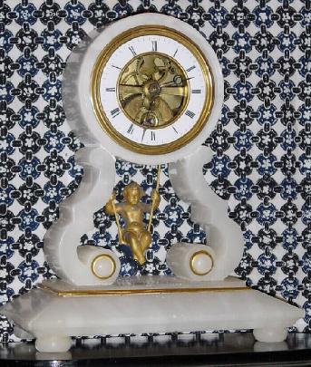 C.1890, French, Swinging Doll Timepiece, in a white marble case with gilt brass trim, with dome. — Antique Clocks Price Guide