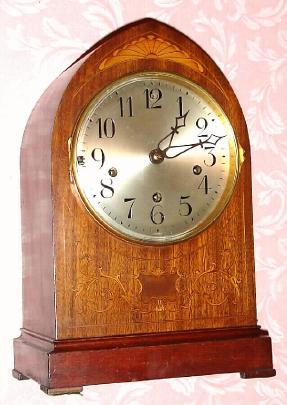 C.1900, English, Peerless, Westminster chime mantel clock in mahogany case with satin wood inlay. — Antique Clocks Price Guide