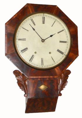C.1850, Chauncey Jerome, New Haven, Conn., 8-day time and gong strike fusee drop octagon wall clock. — Antique Clocks Price Guide