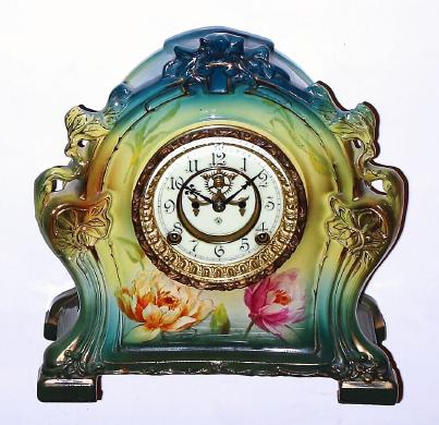 C.1905, Ansonia Clock Co., Royal Bonn  LA CHARTRES, porcelain china clock with open escapement dial. — Antique Clocks Price Guide