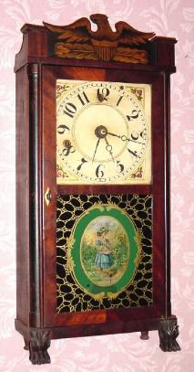 C.1830, Silas Hoadley, Timepiece alarm, in a stenciled quarter column case with original splat. — Antique Clocks Price Guide