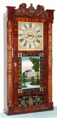 C.1830, Jeromes and Darrow, Bristol, Conn, Large 8-Day wood works carved column and splat. — Antique Clocks Price Guide