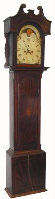 C.1825, English, 8-Day Tall clock, rolling moon with calendar and seconds hand, 12" dial. — Antique Clocks Price Guide