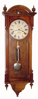 C.1885, Seth Thomas, Thomaston, Conn,  "Regulator No. 6", in walnut, single weight, wall model with nickel appointments. — Antique Clocks Price Guide