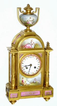 C.1875. French, Pons, Ormolu and Panels, mantel clock, with 15 hand painted porcelain china panels, and surmounted by an urn, with love themes. — Antique Clocks Price Guide