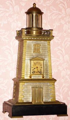 C.1880, French, Guilmet, Paris, Industrial Series "Lighthouse" Automaton shelf clock, gong striking movement with Brocot escapement, the helical spring /torsion balance forming the animated "light" of the tapered brickwork case, serial No. 1019. — Antique Clocks Price Guide