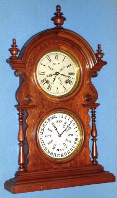 C.1878, Welch, Spring and Co., Bristol, Conn, WAGNER, B.W., MANTEL, in walnut, 8-day double dial calendar, with patent B. B. Lewis perpetual calendar mechanism. — Antique Clocks Price Guide