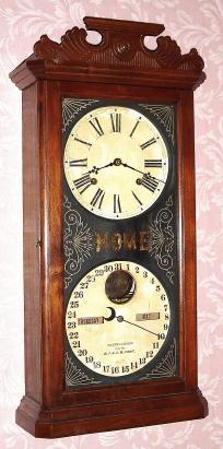 C.1874, Ithaca Calendar Clock Co., "HOME", model, 8-day time and strike, double dial perpetual calendar, mfd especially for R.J. and J.H. Cook. — Antique Clocks Price Guide