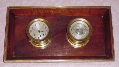 C.1955, Chelsea Clock Co., Ship's Bell and Barometer  set, 4" dials, mounted to a mahogany, brass bound frame, clock retailed by Geo. E. Butler Co, San Francisco . — Antique Clocks Price Guide