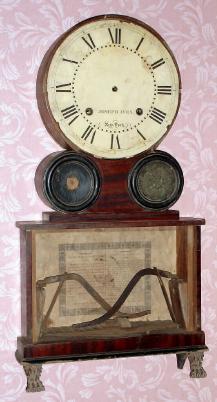 C.1825, Joseph Ives, Brooklyn, Long Island, New York, Wagon Spring  clock, as-found, less bezel, 1-rosette and absent lower door. — Antique Clocks Price Guide