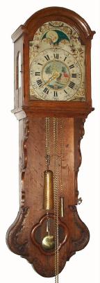 C.1840, Dutch, Staartklok, with Dutch quarter striking 1-day, weight, with alarm, rolling moon and date aperture, plus uncommon carved case. — Antique Clocks Price Guide