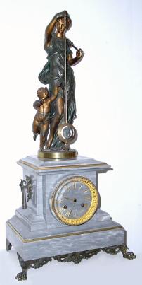 C.1880, French, Guilmet, Mystery Clock, in gray/white veined marble, with double figure spelter statue. — Antique Clocks Price Guide