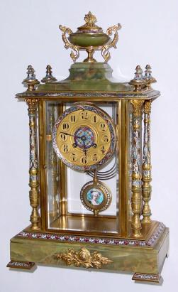 C.1900, French, Onyx and Ormolu, 4-Glass crystal regulator with multi color cloisonne enamel and portrait pendulum with brilliant surround. — Antique Clocks Price Guide
