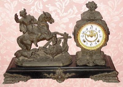 C.1894, Ansonia Clock Co., "Boar Hunter", 8-day time and gong strike figural mantel clock. — Antique Clocks Price Guide