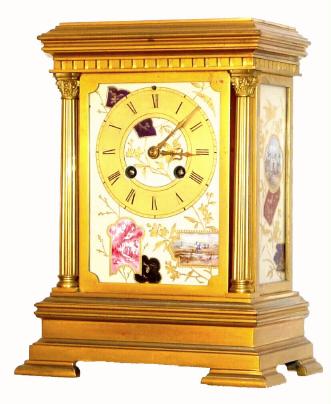 C.1880, French, Gilt Bronze Mantel clock with Asian motif porcelain china panels, birds, flowers and field scenes. — Antique Clocks Price Guide
