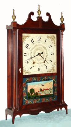 C.1840, Wadsworths, Lounsbury and Turners, Litchfield, Conn., 30-hour time and bell strike pillar and scroll shelf clock. — Antique Clocks Price Guide