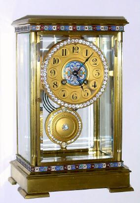 C.1900, French, Japy, 4-Glass, crystal regulator with decorative enamel bands top, base and dial center, and with brilliant surround bezel and pendulum. — Antique Clocks Price Guide
