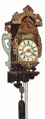 C.1770, Dutch, Stoelklok, time, strike and alarm, 1-day, weight, pot-handle sides, as-found, needs work. — Antique Clocks Price Guide