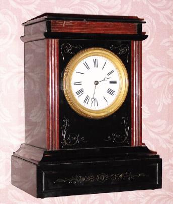 C.1885, French, Etienne Maxant, 8-day time/strike red+black marble mantel clock, with hidden winders. — Antique Clocks Price Guide