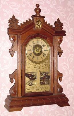 C.1890, E. Ingraham and Co., Bristol, Conn., 8-day  time/strike mantel clock, LIBERTY model made exclusively for Chas. F. Adams in Erie, PA. — Antique Clocks Price Guide