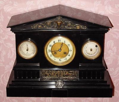 C.1900, Japy Freres, 8-day time/strike, black marble and bronze mantel clock with circular thermometer and barometer. — Antique Clocks Price Guide
