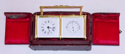 C.1900, French, Brass Cased Carriage clock with compass and barometer, and with original travel/ gift case. — Antique Clocks Price Guide