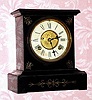 C.1890, New Haven Clock Co., "Florence", 8-day time and gong strike enameled iron case mantel clock with open escapement on the dial. 
