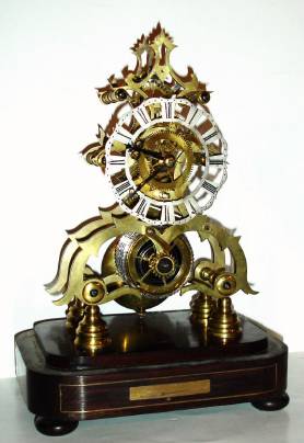 C.1860, English, Single Fusee SKELETON timepiece on original base with repaired dome. — Antique Clocks Price Guide