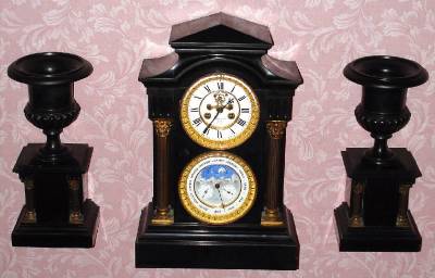 C.1890, French, Japy Freres, 8-day time and gong strike black marble, double dial calendar clock, with moon phase, 3 piece garniture set that was retailed by Tiffany and Co., New York. — Antique Clocks Price Guide