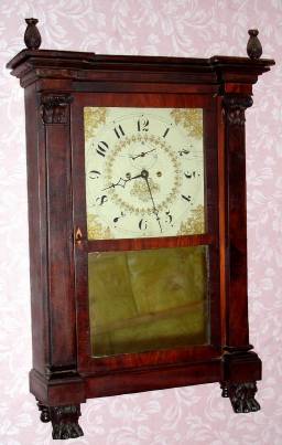 C.1830, Lucius B. Bradley, Watertown, Conn., 8-day time and strike Salem Bridge movement column and cornice shelf clock, paw feet. Movement was supplied by Sylvester Clarke (original). — Antique Clocks Price Guide