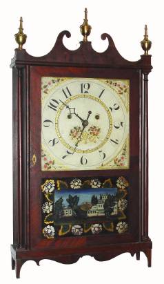 C.1825, Silas Hoadley, Plymouth, Conn, 30-hour time/strike upside down wood movement pillar and scroll shelf clock. — Antique Clocks Price Guide