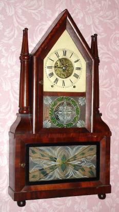 C.1845, Birge and Fuller, Bristol, Conn., 8-day "wagon spring" time and gong strike, twin candle stick sharp gothic-on-frame with J. Ives' Lever spring movement, shelf clock. — Antique Clocks Price Guide