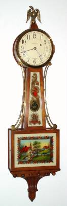 C.1928, Waltham Watch Co., Waltham, Mass, Willard model weight banjo timepiece in walnut, 8-day, with original W. W. Sprague tablet set of a mill scene. — Antique Clocks Price Guide