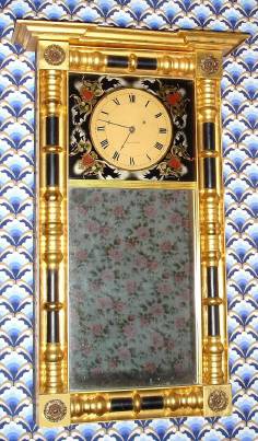 C.1830, Samuel Abbot(t), Boston, Mass., 8-day New Hampshire style mirror timepiece, with restrained weight on guide wires. — Antique Clocks Price Guide