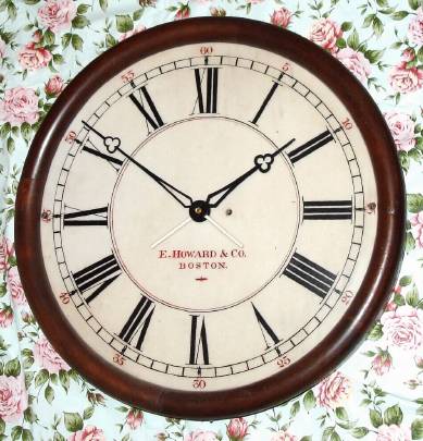 C.1900, E. Howard and Co., 24" Marble Dial, custom order with heavy walnut bezel, probably to match the interior of a public building. — Antique Clocks Price Guide