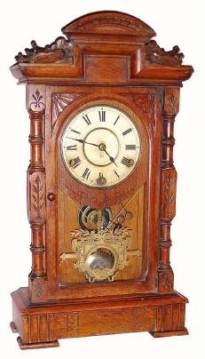 C.1884, (dated on rear), Seth Thomas Clock Co., "Hecla", 8-day time and quarter strike mantel clock. Clock strikes the hour on a round gong and the quarter hours on two bells. — Antique Clocks Price Guide