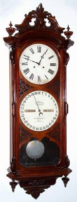 C.1880, Ithaca Calendar Clock Co., New York, "No. 0 Bank", double dial perpetual calendar wall clock, 2-weight, 8-day. — Antique Clocks Price Guide