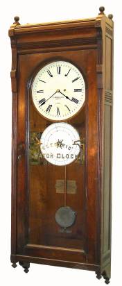 C.1888, E. Howard and Co., "Watch Clock for Two Watchmen", dial is 16", case 6 feet long and 26 inches wide, of solid walnut, with full length pendulum, seconds dial, dead beat escapement and maintaining power. — Antique Clocks Price Guide