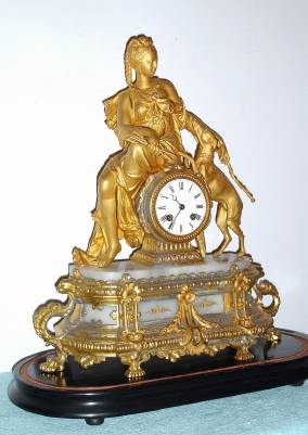 C.1890, French, Japy Freres,  8-day time and bell strike Huntress figural mantel clock, under original dome. — Antique Clocks Price Guide