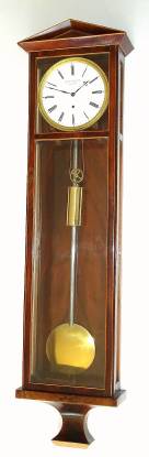C.1830, Austrian, Dachluhr, Biedermeier era, 1-weight, 8-day in a slender mahogany veneer case with satinwood banding, mov't with one piece porcelain dial [5"], a smaller size clock. — Antique Clocks Price Guide